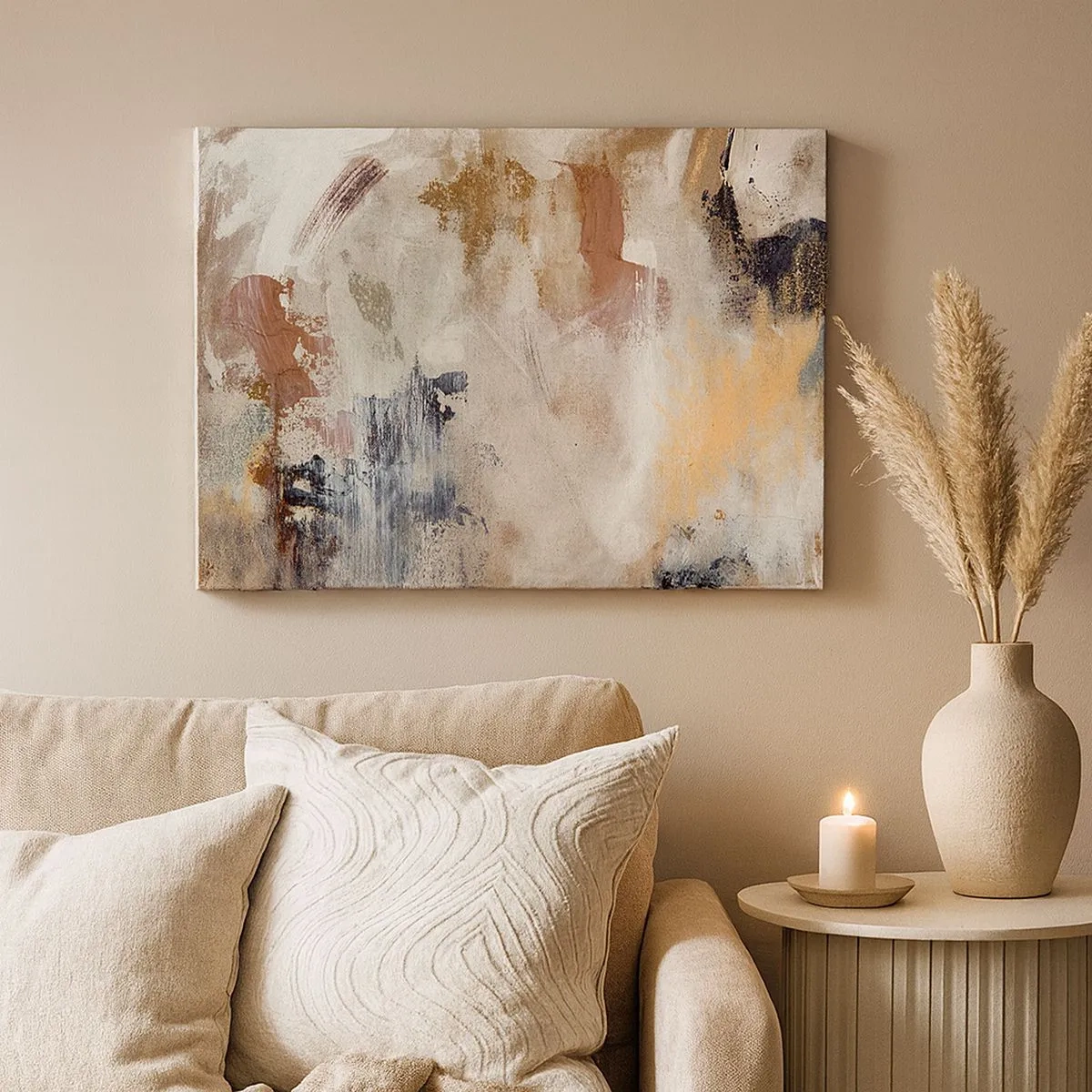 Canvas picture - Abstract spots in muted shades of beige and gold - 70x50cm - Foggy Abstract - Modern wall decoration for the living room and bedroom ARTTOR