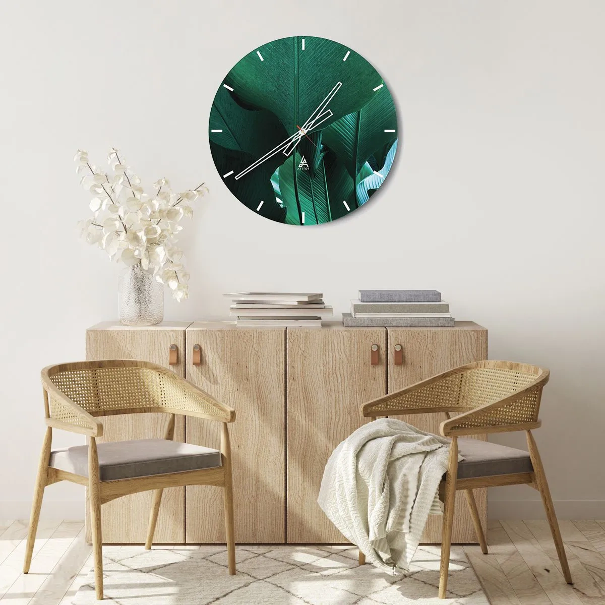 Wall clock - Clock on glass - Close-up of green leaves of tropical plants - 30x30cm - Turned towards Light - Modern wall decoration for the living room, kitchen, and bedroom ARTTOR