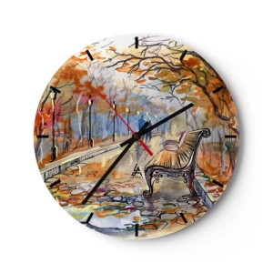 Wall clock - Clock on glass - Autumn park with a bench in watercolor style - 30x30cm - Walking together into Autumn - Modern wall decoration for the living room, kitchen, and bedroom ARTTOR