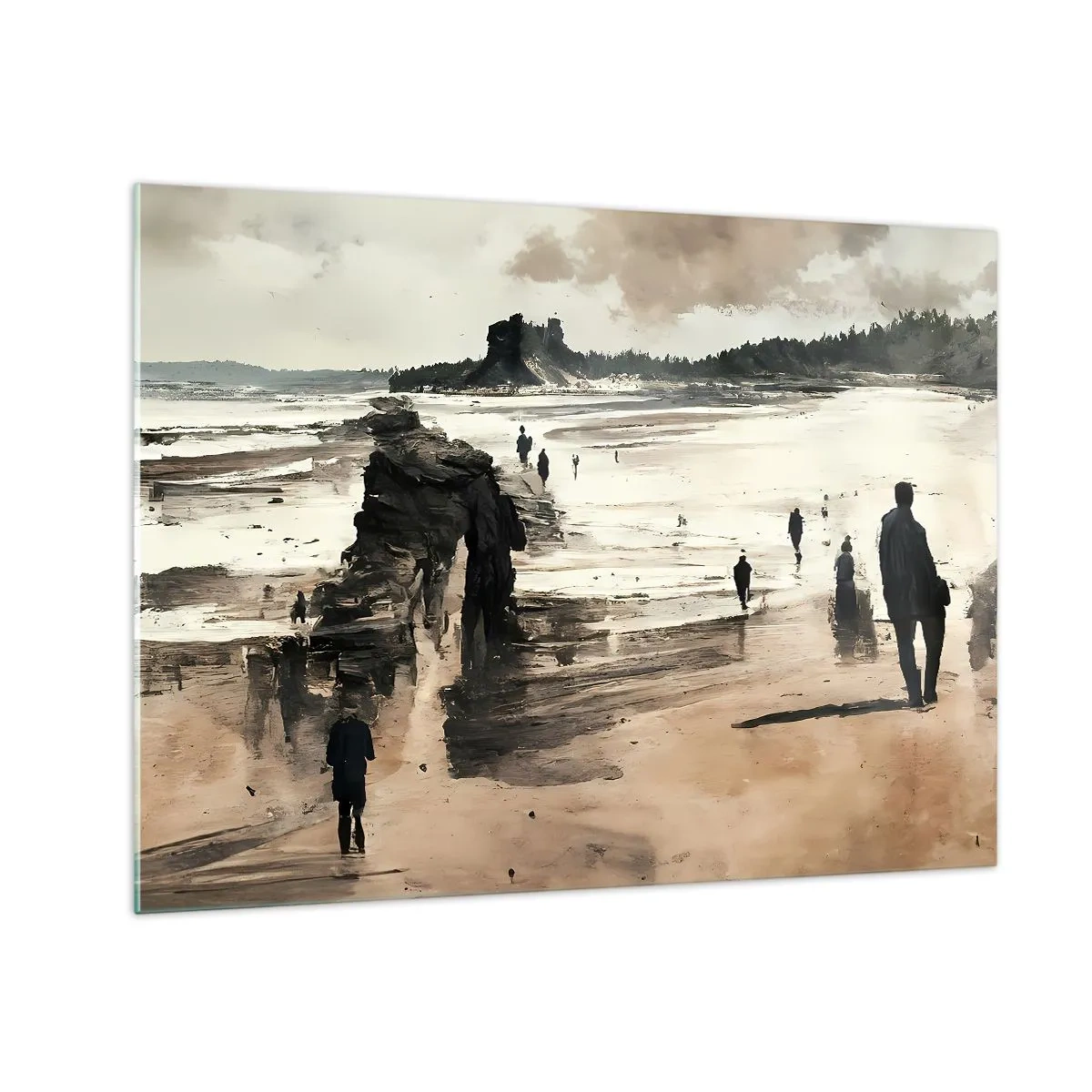 Glass picture - Silhouettes walking on a wide beach under a cloudy sky - 70x50cm - Summoned - Modern wall decoration for the living room and bedroom ARTTOR