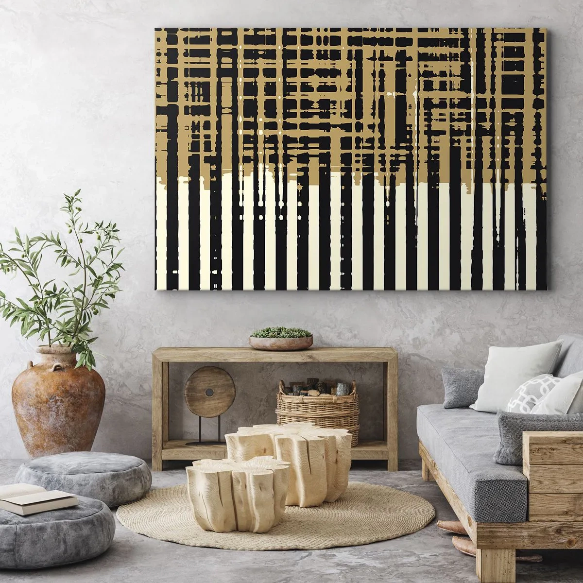 Canvas picture - Abstract lines in black, beige and white - 70x50cm - Architectural Abstract - Modern wall decoration for the living room and bedroom ARTTOR