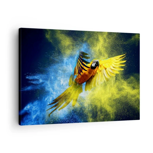 Canvas picture - A parrot in flight against a backdrop of colorful explosions of yellow and blue. - 70x50cm - In Blue and Gold Dust - Modern wall decoration for the living room and bedroom ARTTOR