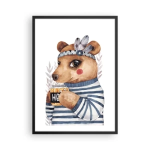 Poster in black frame - A charming teddy bear in a sailor sweatshirt with a cup in his hands - 50x70cm - Sweet Lady Bear - Modern wall decoration for the living room and bedroom ARTTOR