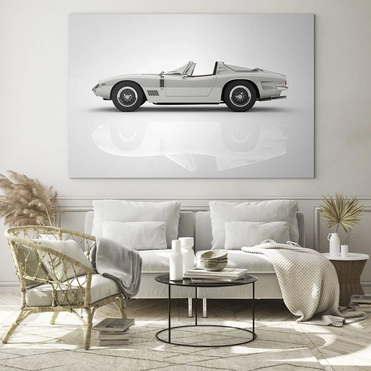 Glass picture - A classic white convertible against a minimalistic background with reflections. - 70x50cm - Promise of Fun - Modern wall decoration for the living room and bedroom ARTTOR