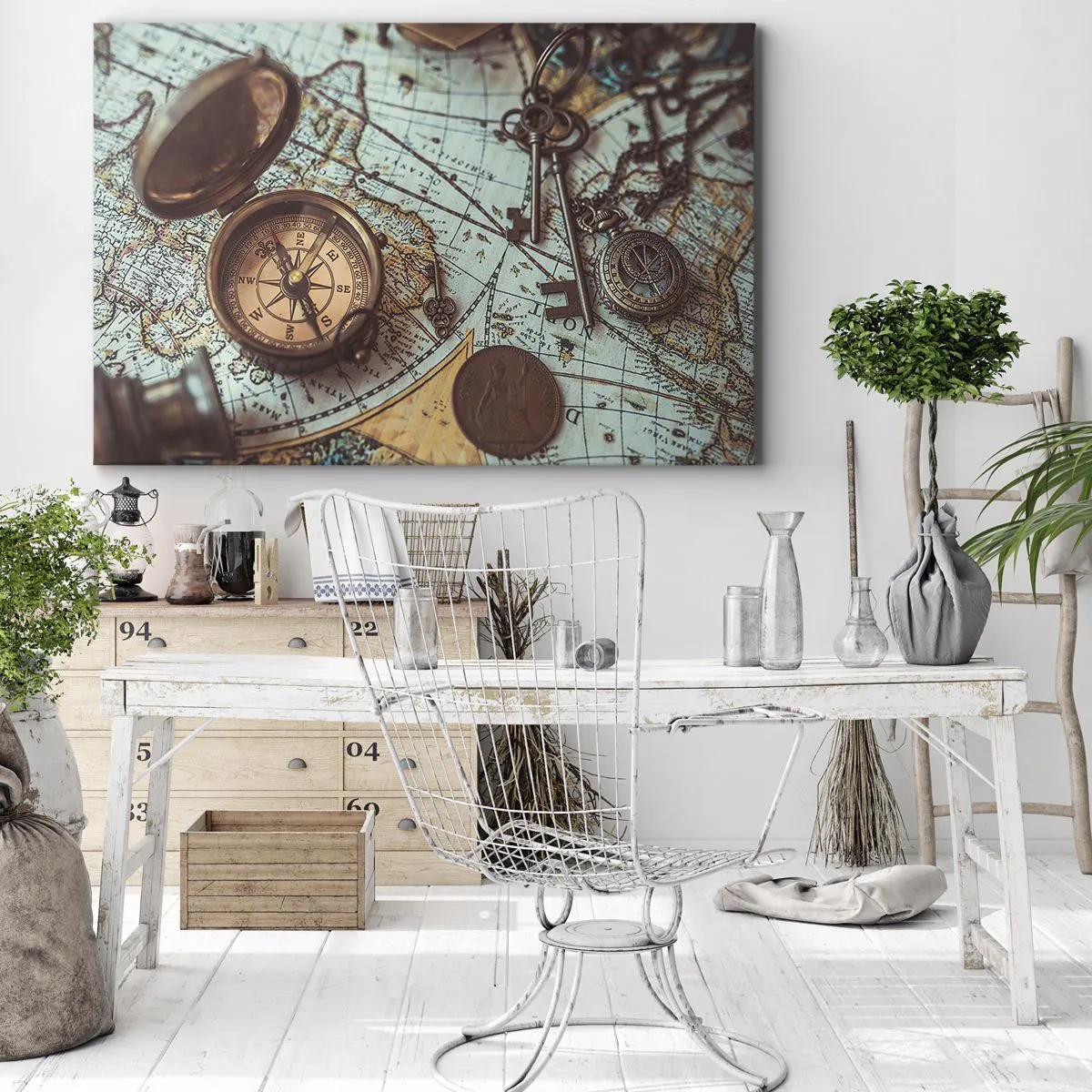 Canvas picture - Composition with a compass, keys and an old map in a retro style - 70x50cm - For Adventurers - Modern wall decoration for the living room and bedroom ARTTOR