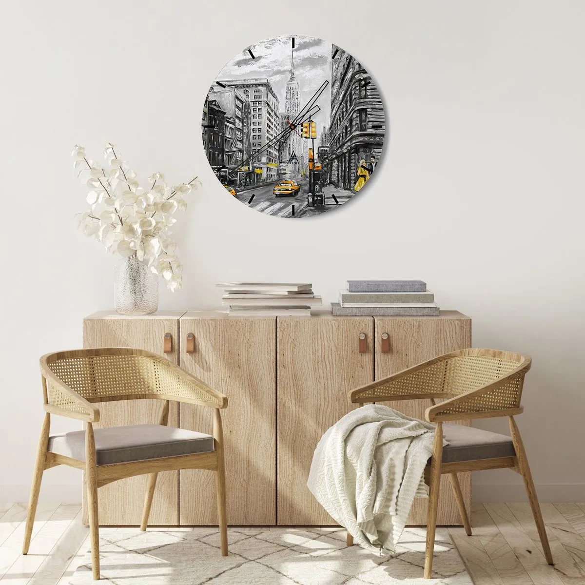 Wall clock - Clock on glass - A picturesque view of New York City with taxis on the street - 30x30cm - New York Tale - Modern wall decoration for the living room, kitchen, and bedroom ARTTOR