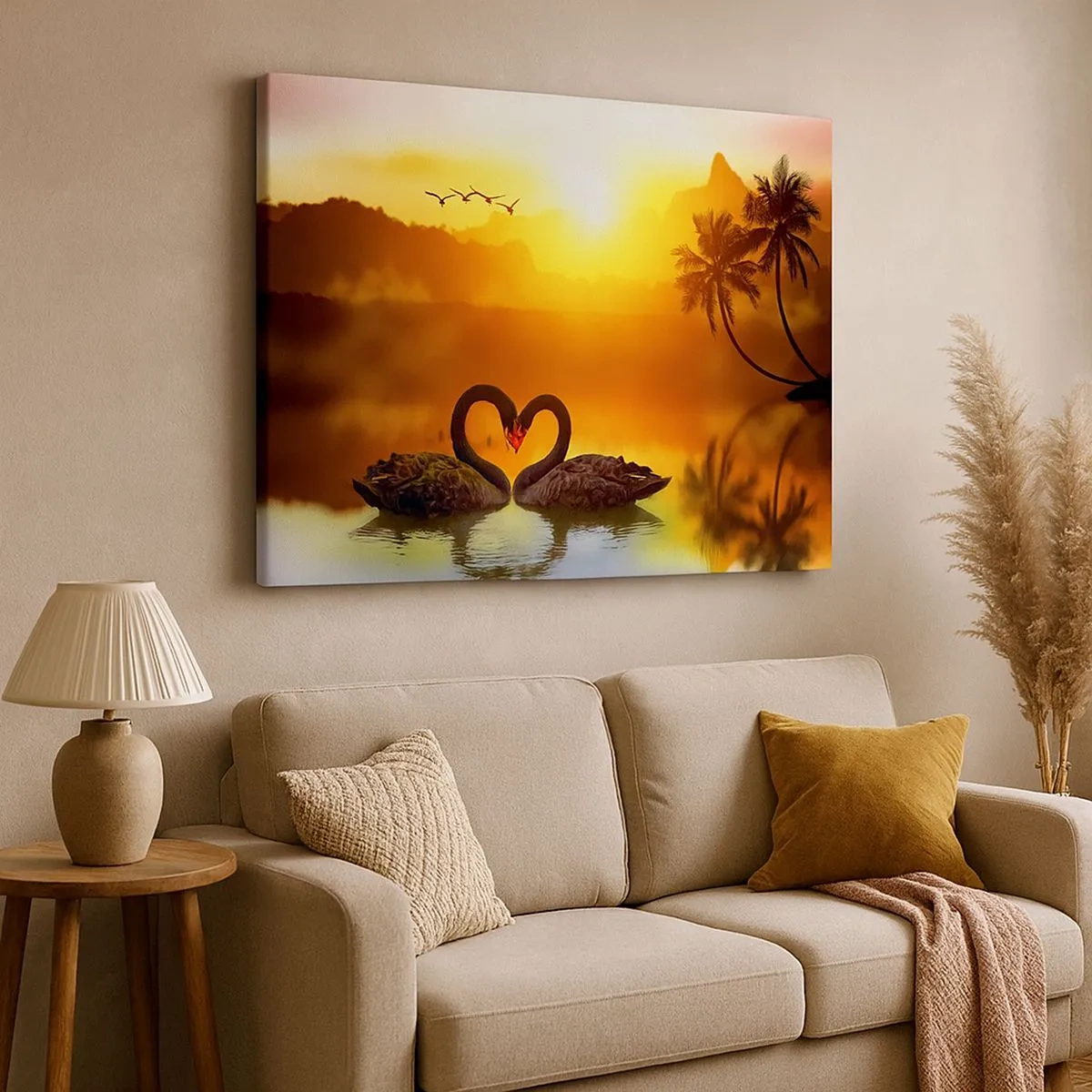 Canvas picture - Two black swans forming a heart against the backdrop of a lake sunset - 70x50cm - Paired up - Modern wall decoration for the living room and bedroom ARTTOR