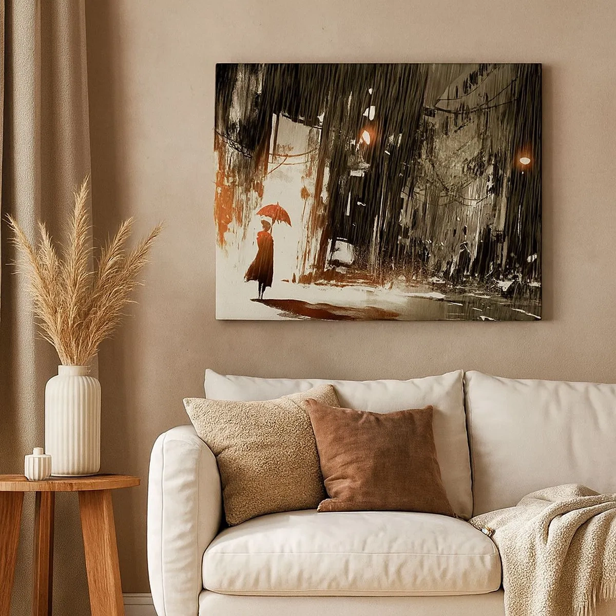 Canvas picture - red figure with an umbrella in a rainy scene - 70x50cm - Poetry of a Red Umbrella - Modern wall decoration for the living room and bedroom ARTTOR