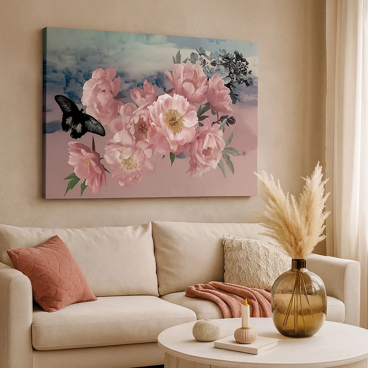 Canvas picture - Pink peonies with a butterfly on a pastel background - 70x50cm - Peak of Romanticism - Modern wall decoration for the living room and bedroom ARTTOR
