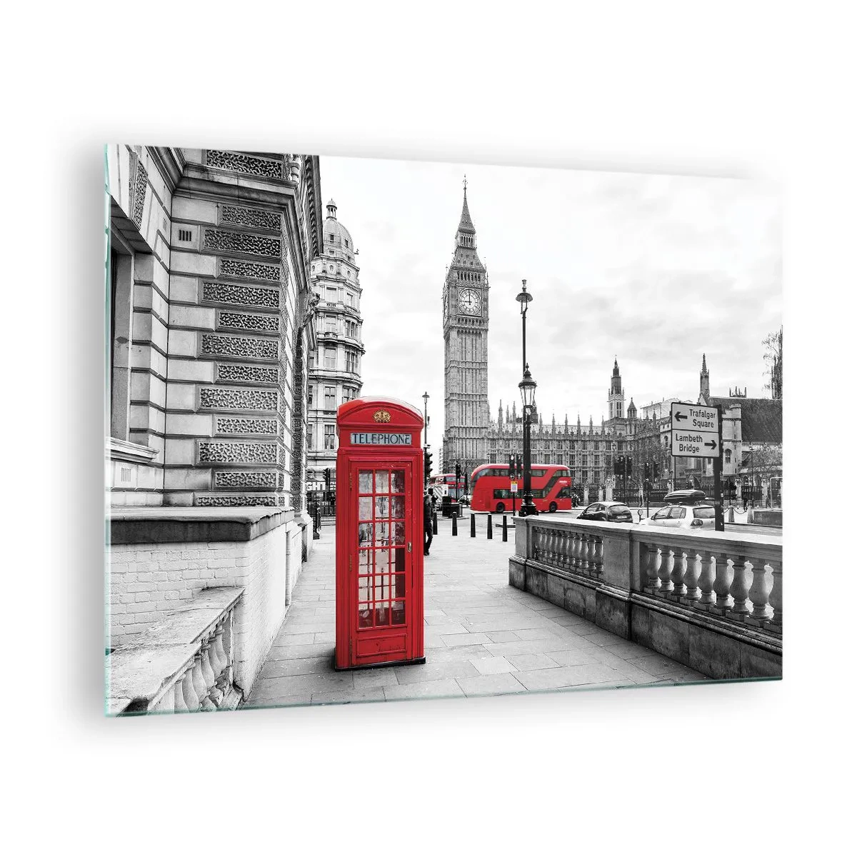 Glass picture - Black and white London with a red telephone box and bus - 70x50cm - Undoubtedly London - Modern wall decoration for the living room and bedroom ARTTOR