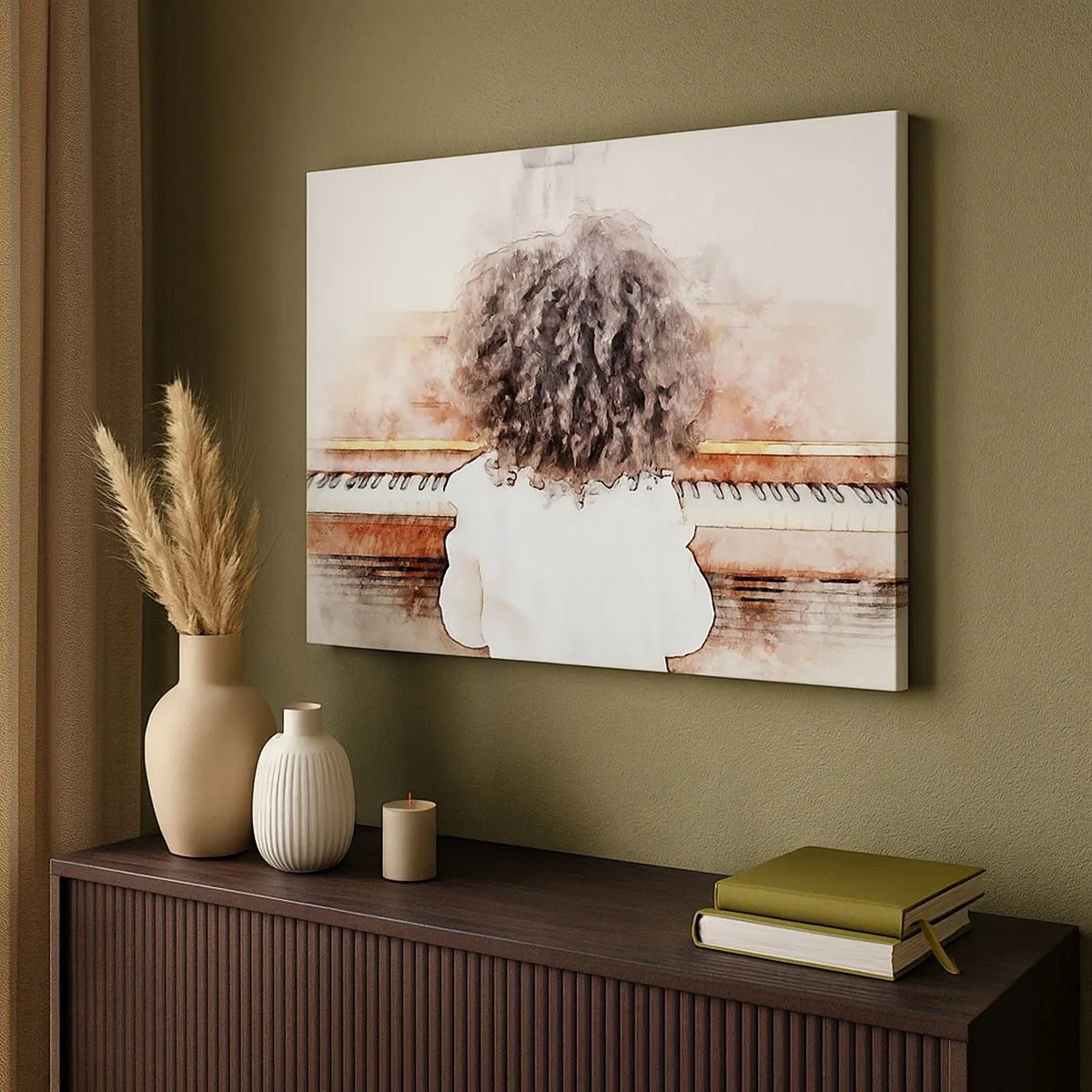 Canvas picture - A girl with bushy hair at the piano - 70x50cm - In a New World - Modern wall decoration for the living room and bedroom ARTTOR
