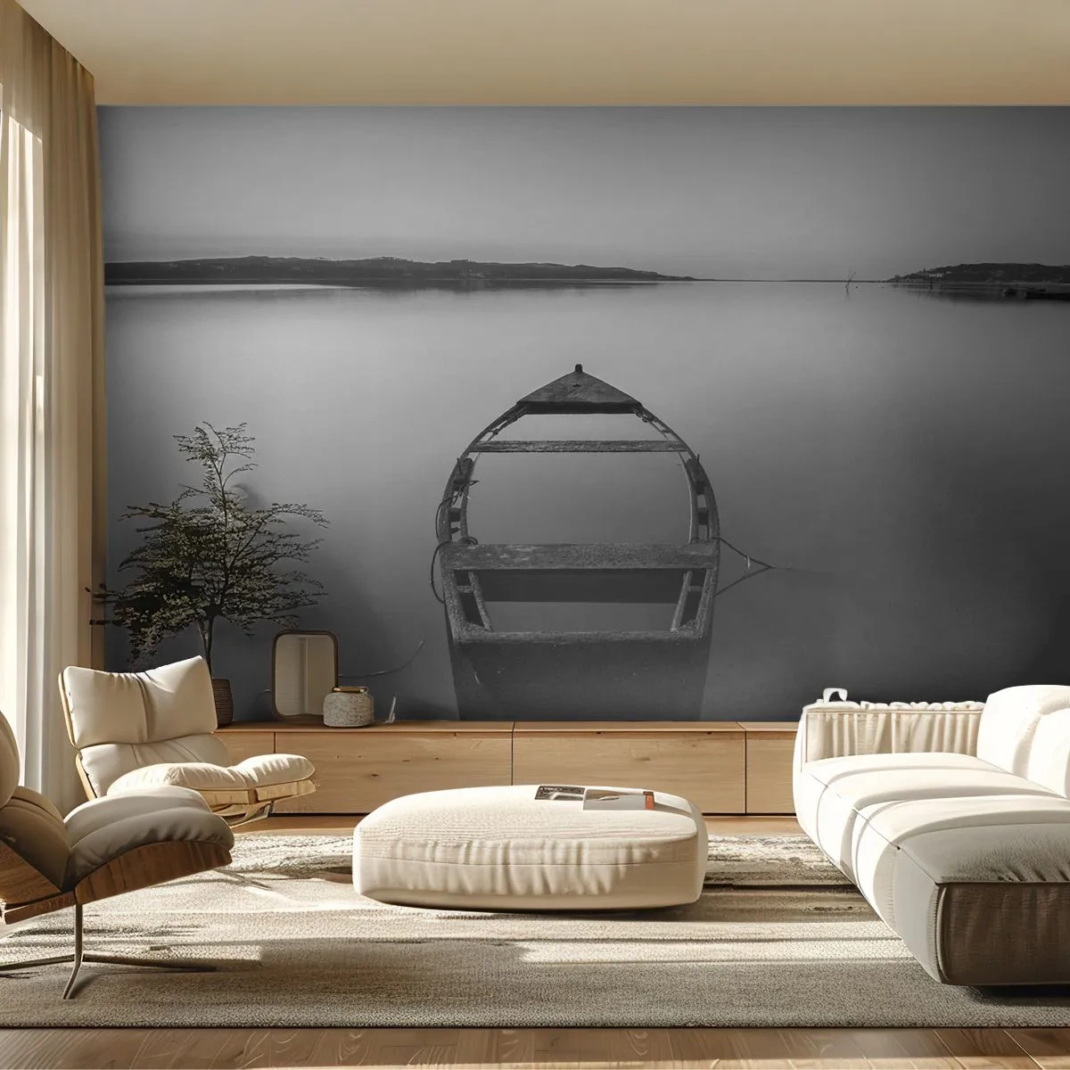 Photo Wallpaper Premium Canvas - Longing and Melancholy - Landscape, Lake, Boat - 250x175 cm