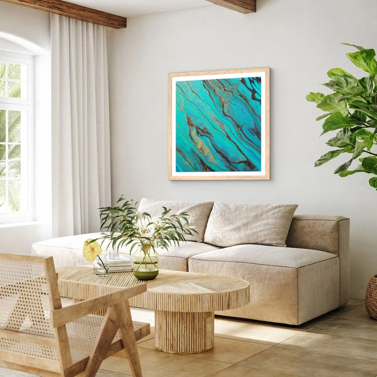 Poster in light oak frame - Turquoise Tide - 60x60 cm