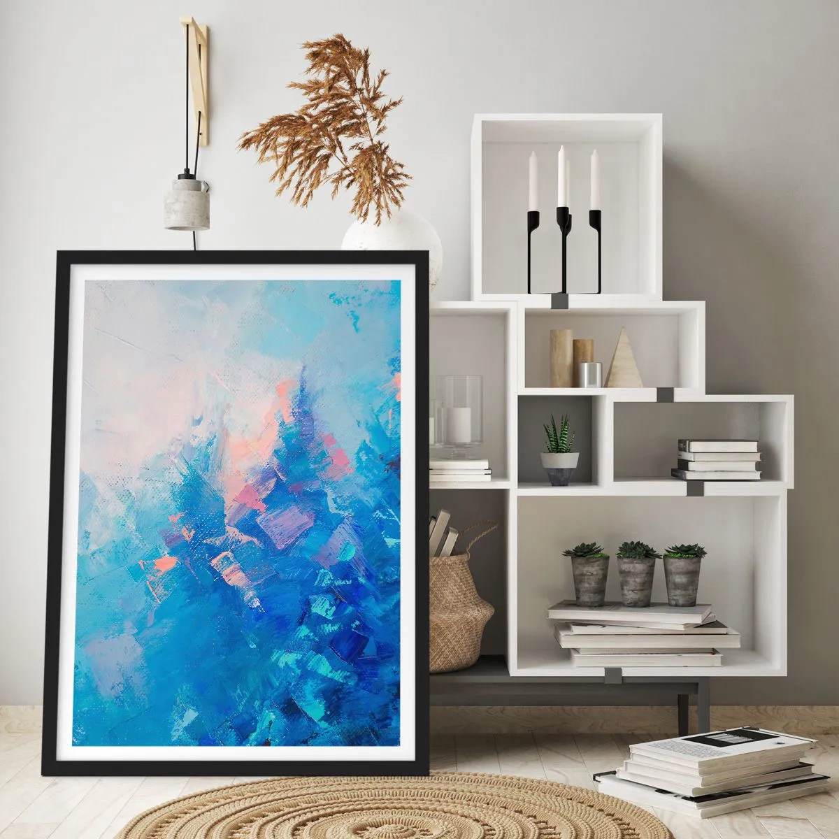 Poster in black frame - An abstract composition in shades of blue and pink inspired by a winter landscape. - 50x70cm - Winter Abstract - Modern wall decoration for the living room and bedroom ARTTOR