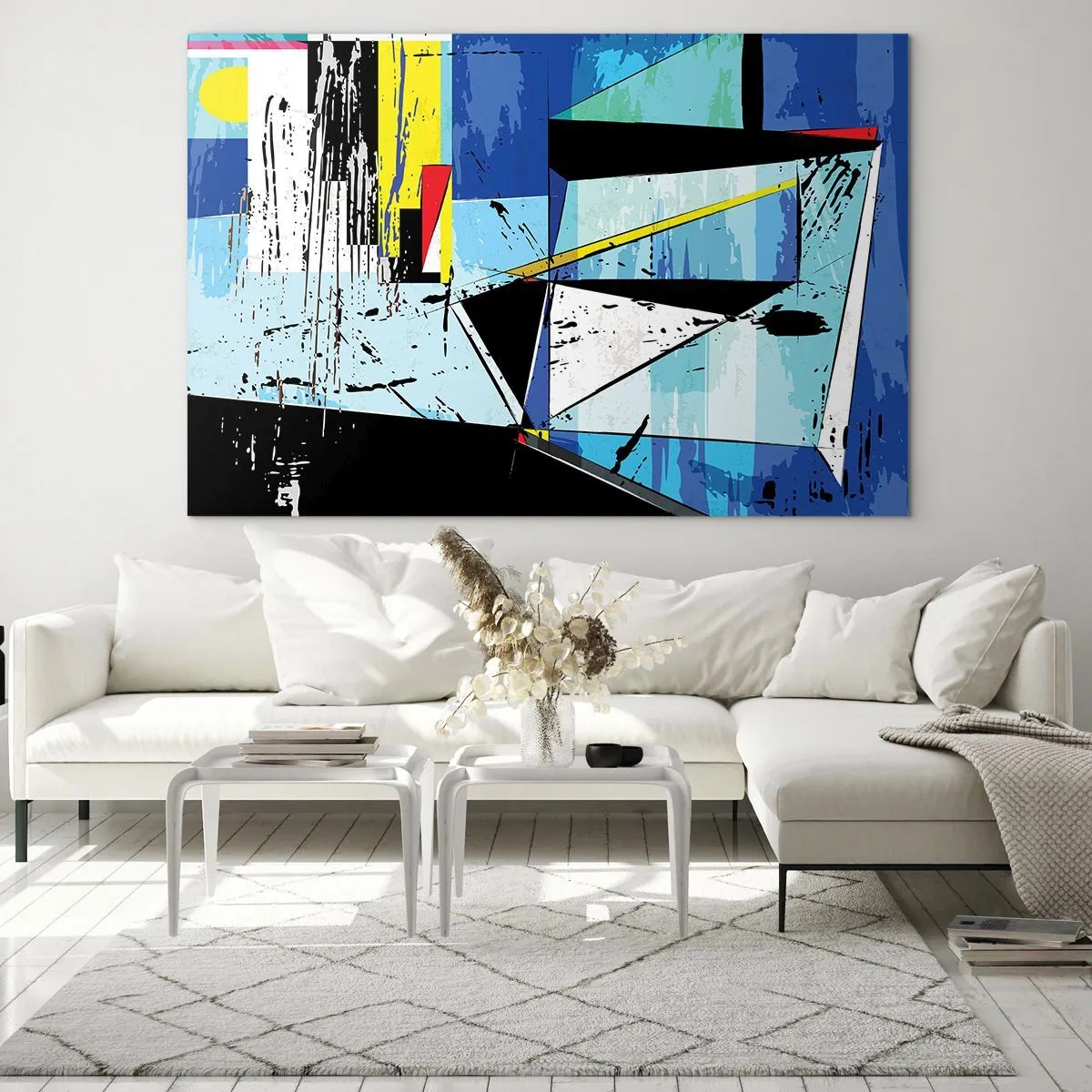 Glass picture - Abstract geometric composition in shades of blue - 70x50cm - Looking at the World at an Angle - Modern wall decoration for the living room and bedroom ARTTOR