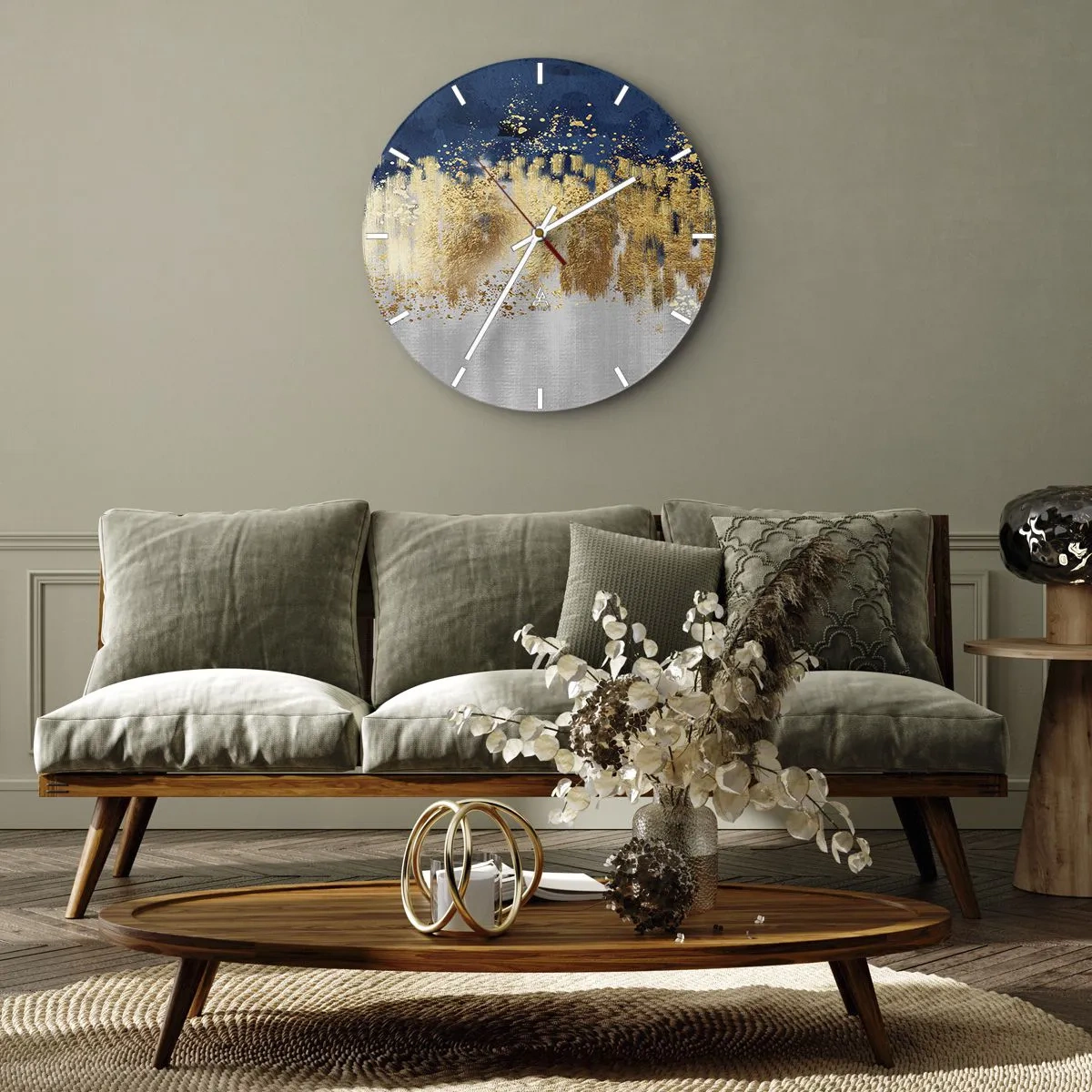 Wall clock - Clock on glass - Golden reflections and a blue-silver background in an abstract style - 30x30cm - Modern Composition and Twinkle - Modern wall decoration for the living room, kitchen, and bedroom ARTTOR