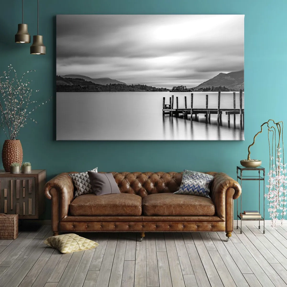 Canvas picture - Black and white landscape with a pier over a lake - 70x50cm - Tranquility and Power - Modern wall decoration for the living room and bedroom ARTTOR