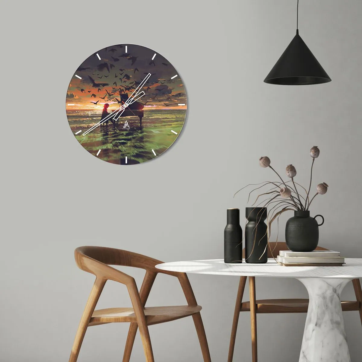 Wall clock - Clock on glass - Concert for Piano and Waves - 40x40 cm