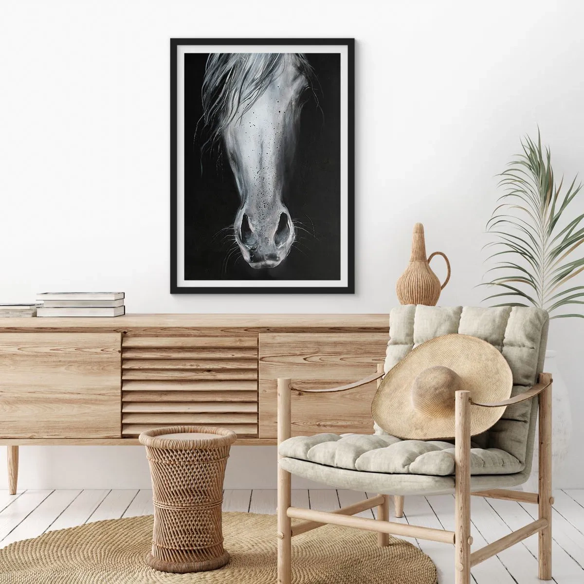 Poster in black frame - Close-up of a horse's face in black and white - 50x70cm - Seductive Look - Modern wall decoration for the living room and bedroom ARTTOR