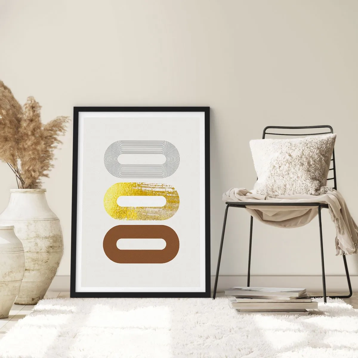 Poster in black frame - Geometric forms in shades of gold, brown and gray - 50x70cm - Ooo! - Modern wall decoration for the living room and bedroom ARTTOR