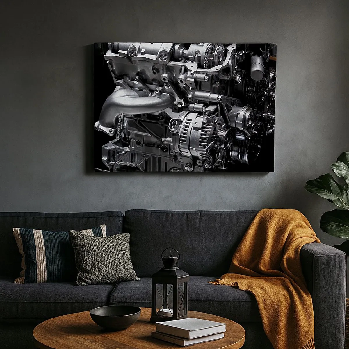 Canvas picture - Close-up of metal engine parts on a black background - 70x50cm - Silver, Beautiful, Strong - Modern wall decoration for the living room and bedroom ARTTOR