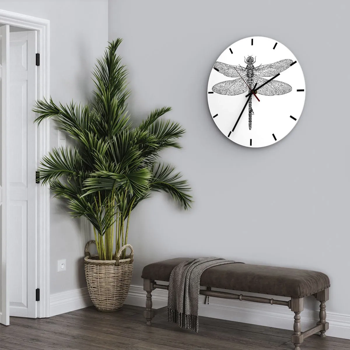Wall clock - Clock on glass - Detailed illustration of a dragonfly in black on white background - 30x30cm - Precision of Nature - Modern wall decoration for the living room, kitchen, and bedroom ARTTOR