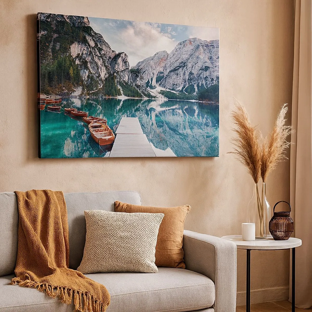 Canvas picture - A lake with boats surrounded by mountains - 70x50cm - We Will Show You Beauty - Modern wall decoration for the living room and bedroom ARTTOR