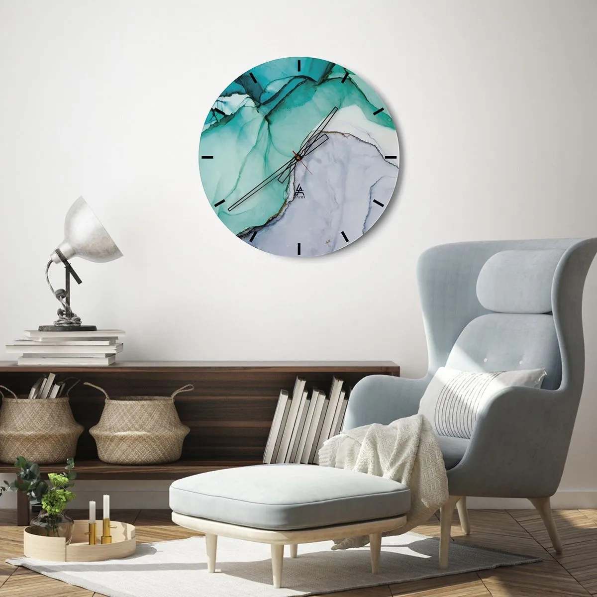 Wall clock - Clock on glass - An abstract form in turquoise and gray resembling stone. - 30x30cm - Study in Turquoise - Modern wall decoration for the living room, kitchen, and bedroom ARTTOR