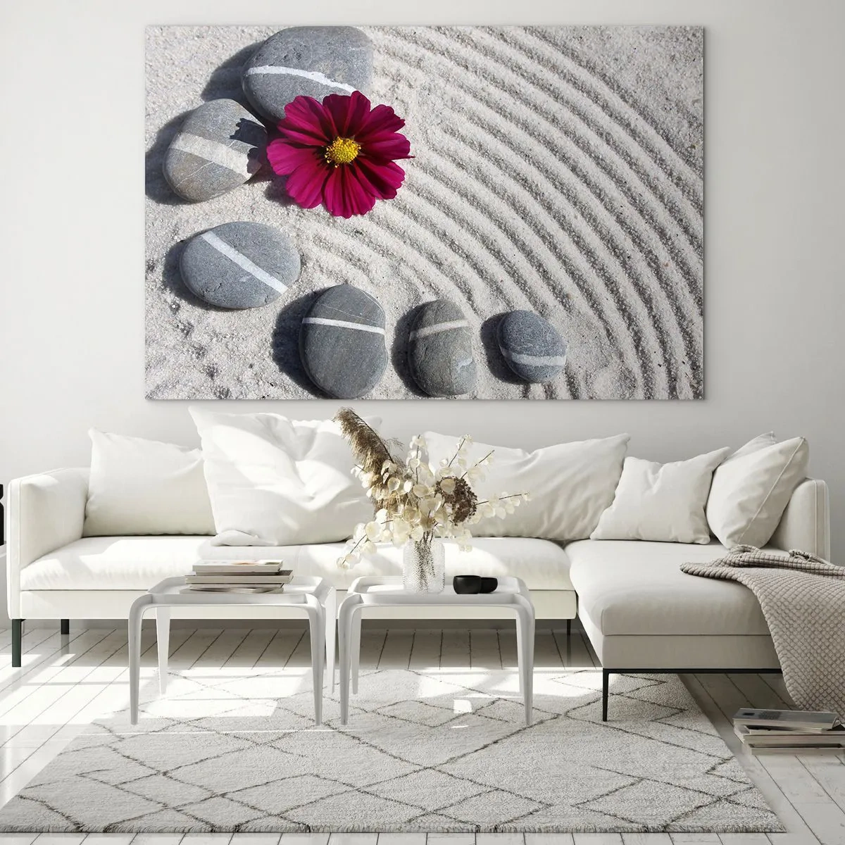 Glass picture - Stones with white stripes and a purple flower on the sand in a zen style - 70x50cm - Energy and Tranquillity of the Magic Circle of Nature - Modern wall decoration for the living room and bedroom ARTTOR