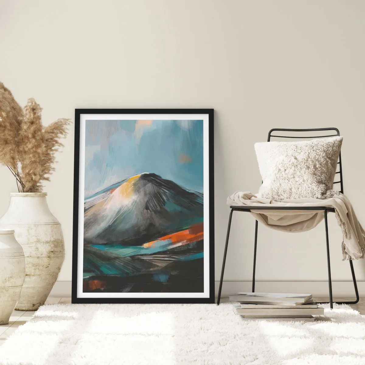 Poster in black frame - Abstract mountain landscape in shades of navy blue and orange - 50x70cm - Raw and Beautiful - Modern wall decoration for the living room and bedroom ARTTOR