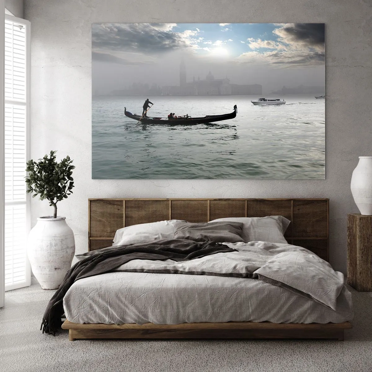 Glass picture - Gondola on the waters of Venice on a foggy morning - 70x50cm - Fairytale City from Water and Fog - Modern wall decoration for the living room and bedroom ARTTOR