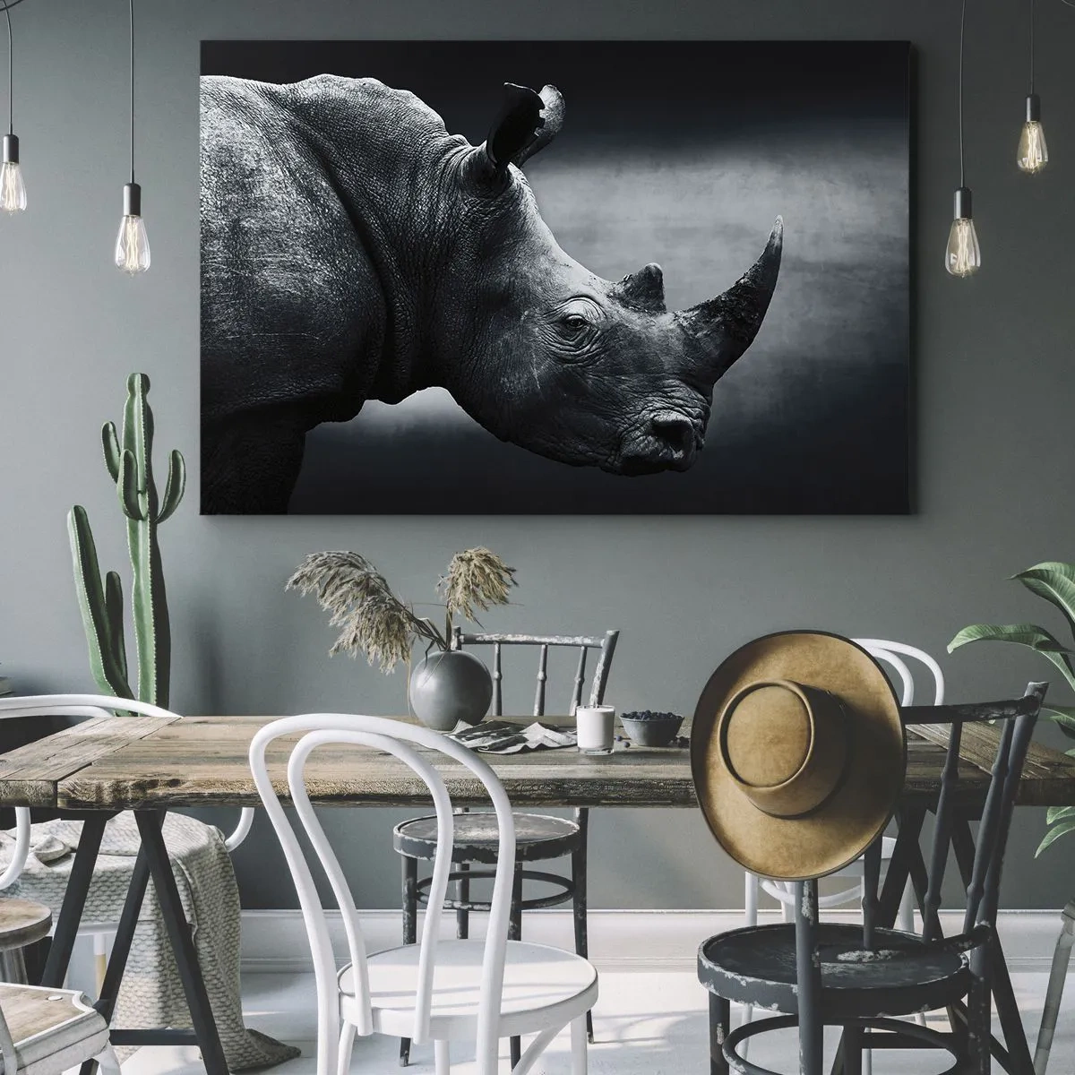 Canvas picture - Black and white portrait of a rhinoceros against a dark background - 70x50cm - Right Profile - Modern wall decoration for the living room and bedroom ARTTOR