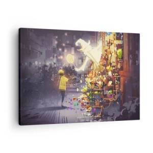 Canvas picture - A fairy tale character and a child on a street full of lights and magic - 70x50cm - Magic Exists - Modern wall decoration for the living room and bedroom ARTTOR