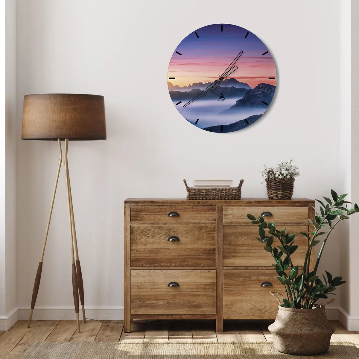 Wall clock - Clock on glass - Mountain landscape in the morning with fog - 30x30cm - Over the Valleys - Modern wall decoration for the living room, kitchen, and bedroom ARTTOR