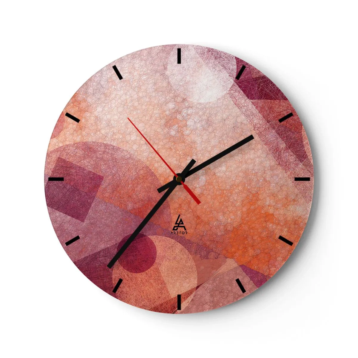 Wall clock - Clock on glass - Geometric patterns in shades of pink and orange - 30x30cm - Geometrical Transformation in Pink - Modern wall decoration for the living room, kitchen, and bedroom ARTTOR