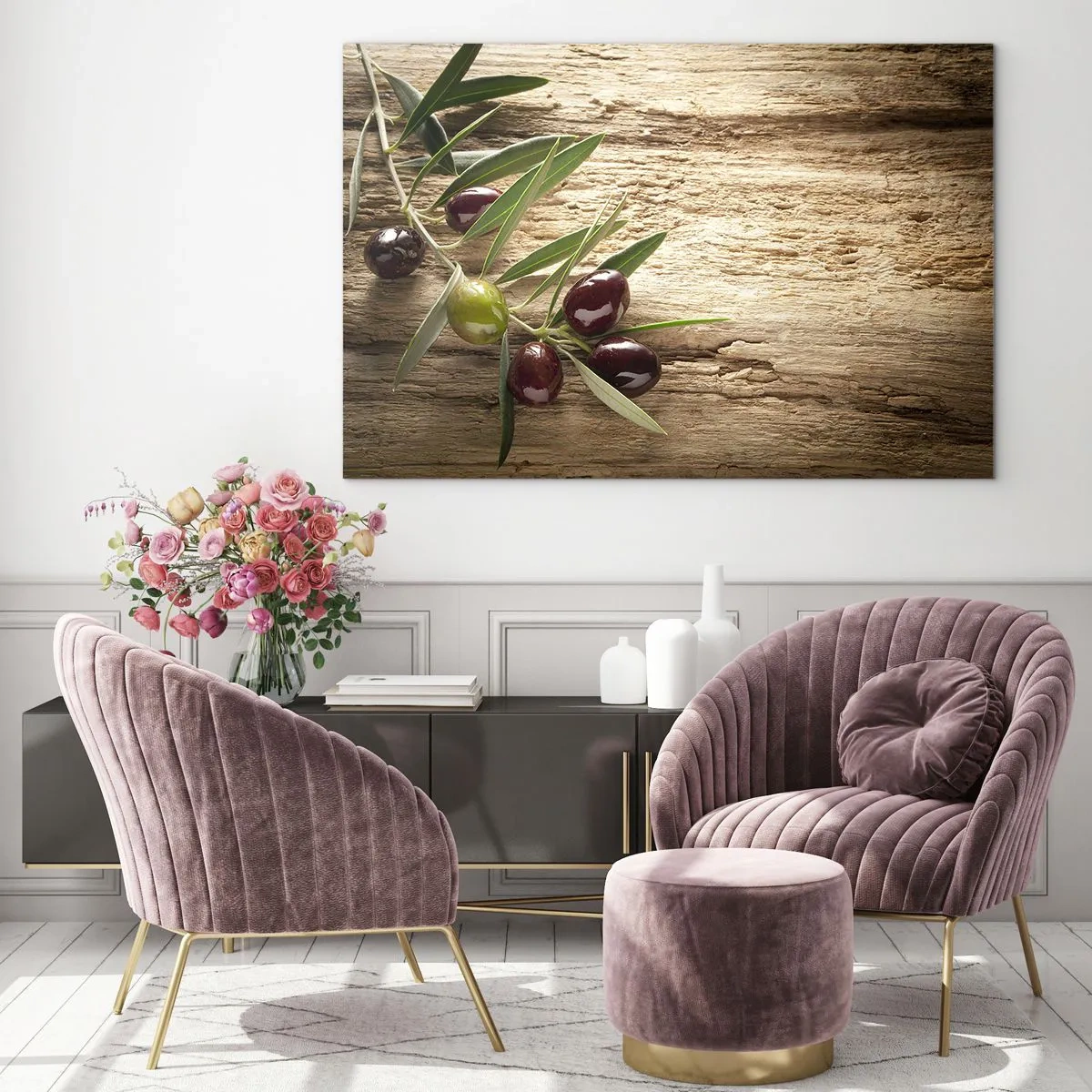 Glass picture - Olive branch on a wooden background - 70x50cm - Straight from Nature - Modern wall decoration for the living room and bedroom ARTTOR