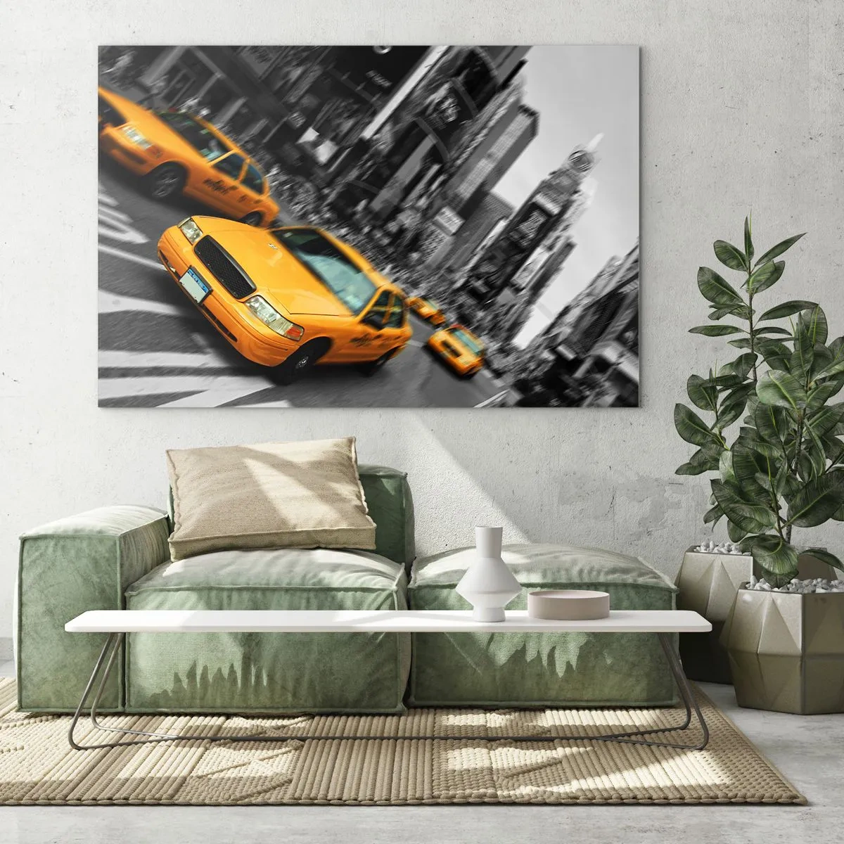 Glass picture - Yellow taxis against the backdrop of black-and-white city streets - 70x50cm - New York Sun Drops - Modern wall decoration for the living room and bedroom ARTTOR