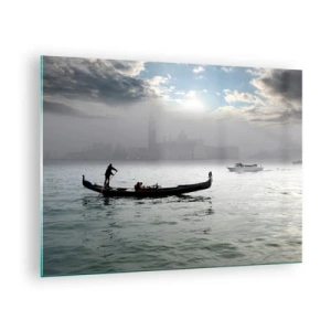 Glass picture - Gondola on the waters of Venice on a foggy morning - 70x50cm - Fairytale City from Water and Fog - Modern wall decoration for the living room and bedroom ARTTOR
