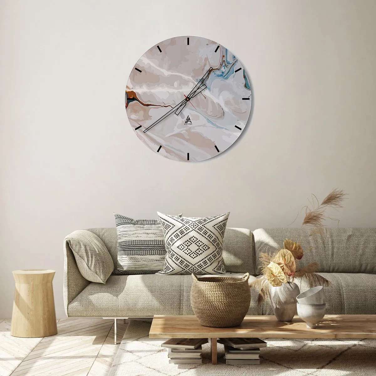 Wall clock - Clock on glass - An abstract pattern with hints of blue and brown on a light background. - 30x30cm - Blue Meanders under White - Modern wall decoration for the living room, kitchen, and bedroom ARTTOR