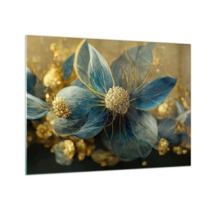 Glass picture - Blue and gold flowers with a luxurious feel - 70x50cm - Blossoming in Gold - Modern wall decoration for the living room and bedroom ARTTOR