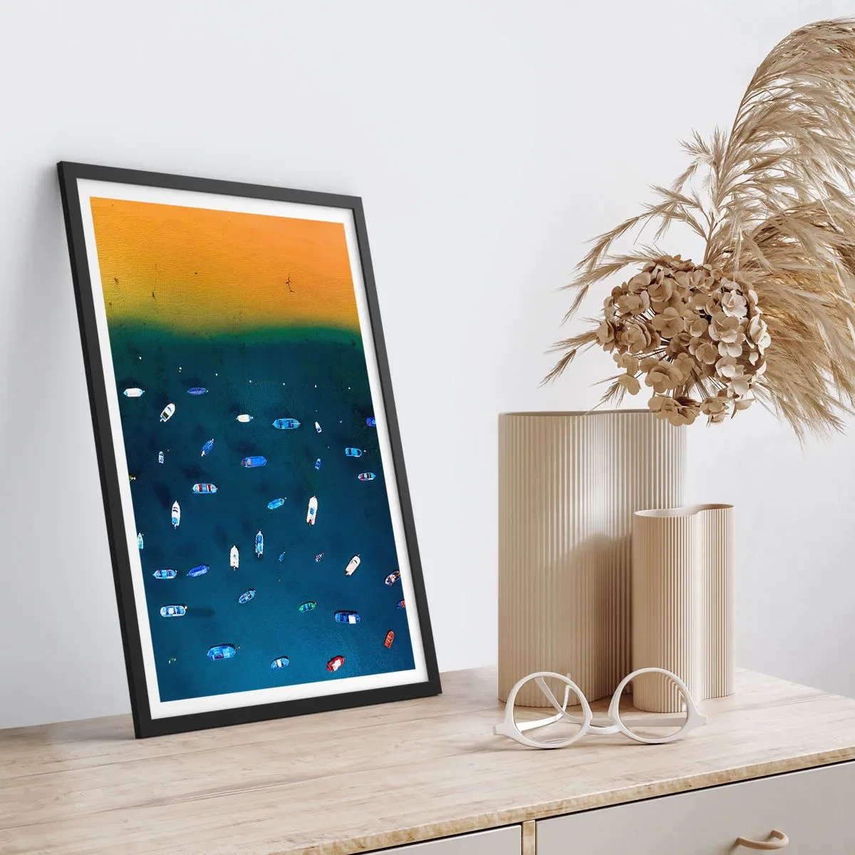 Poster in black frame - Aerial view of boats drifting along the beach - 50x70cm - Holiday Game - Modern wall decoration for the living room and bedroom ARTTOR