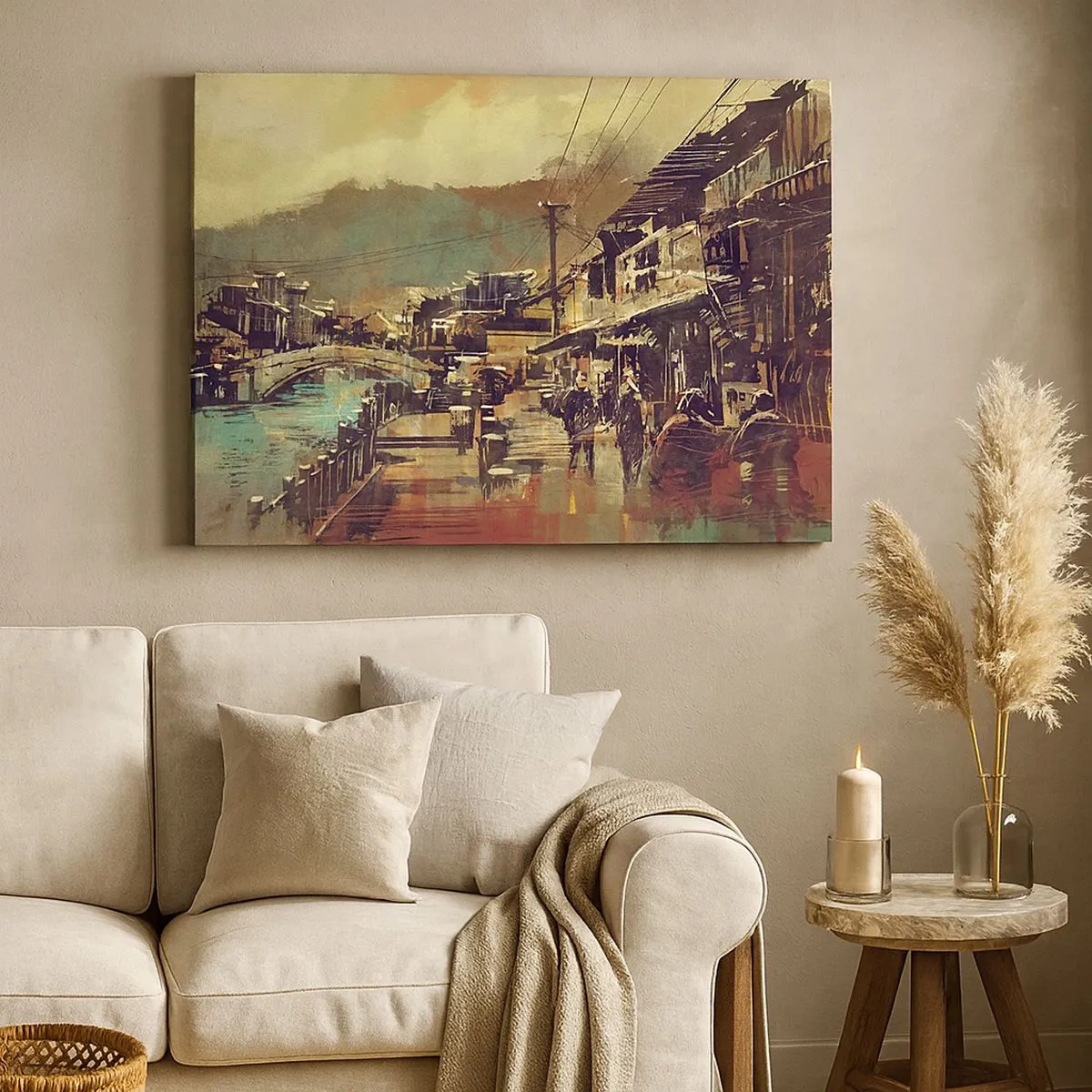 Canvas picture - A town with a bridge and artistically styled streets - 70x50cm - Life As a Abundance of Greyness - Modern wall decoration for the living room and bedroom ARTTOR