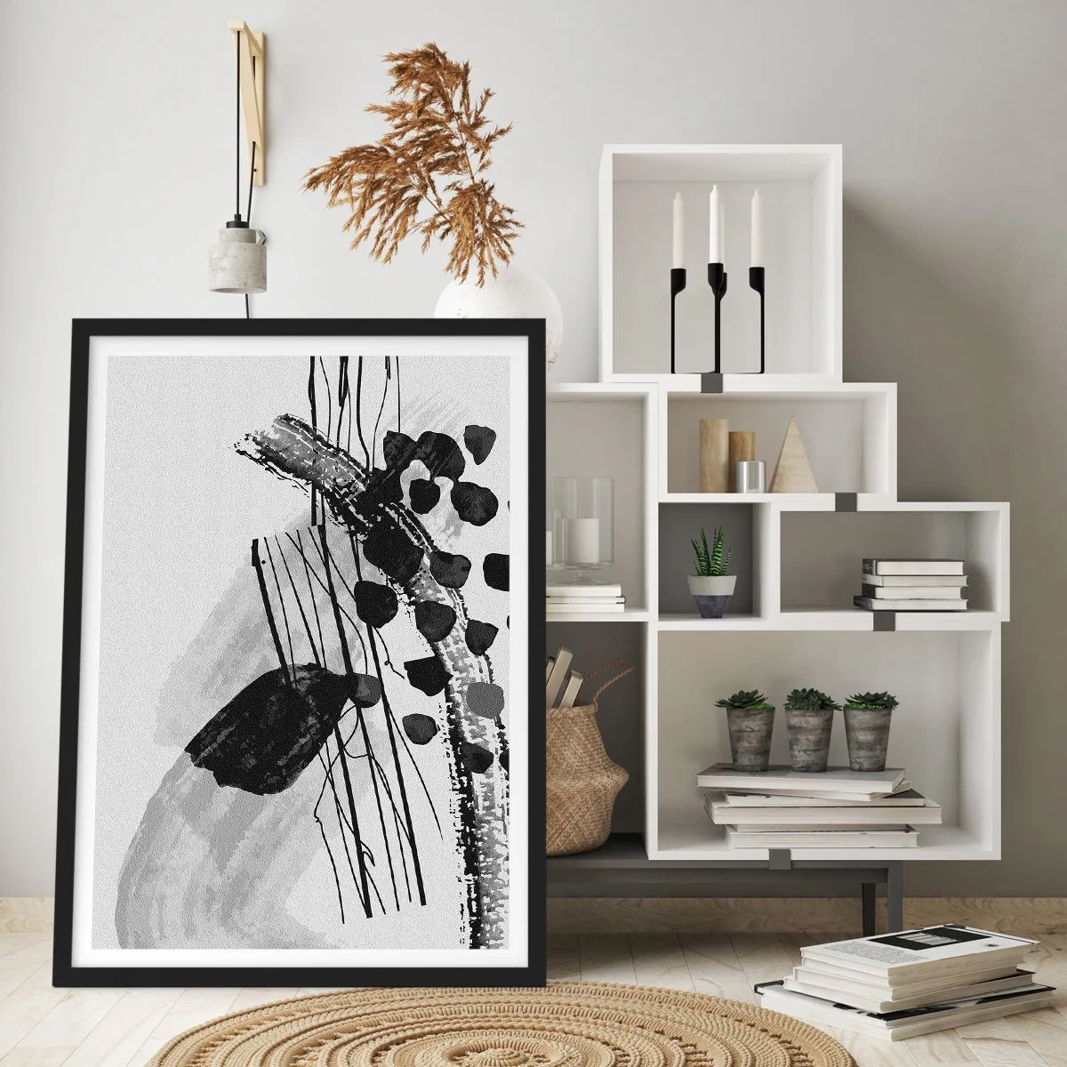 Poster in black frame - Black and White Organic Abstraction - 70x100 cm