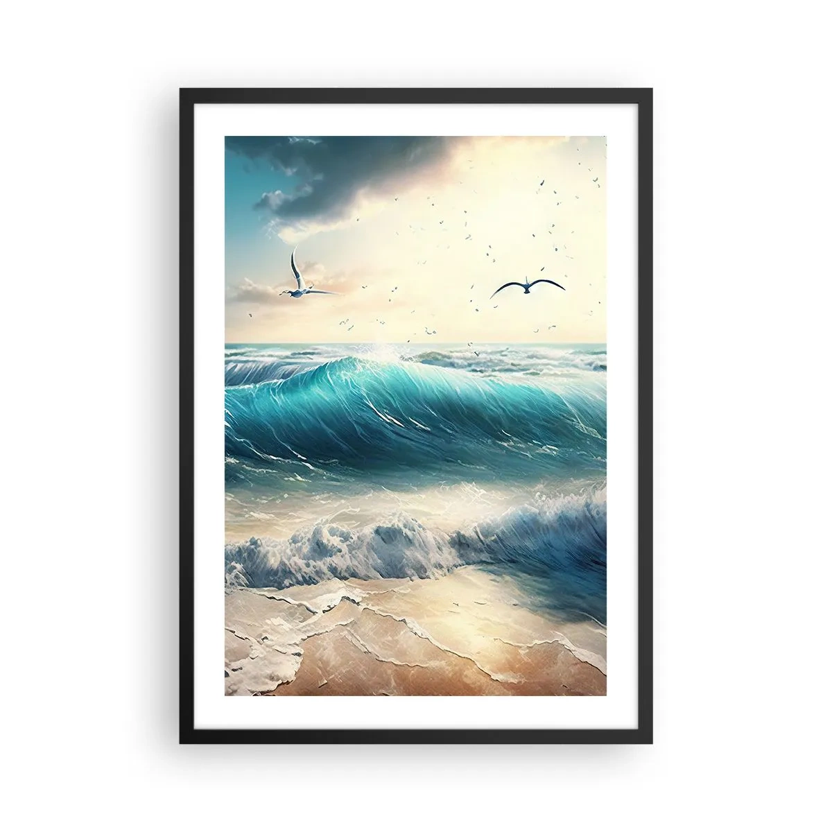 Poster in black frame - Turquoise waves crashing on the shore - 50x70cm - It Hums Especially for You - Modern wall decoration for the living room and bedroom ARTTOR