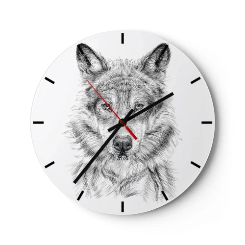 Wall clock - Clock on glass - Black and white sketch of a wolf's head on a white background - 30x30cm - Born Leader - Modern wall decoration for the living room, kitchen, and bedroom ARTTOR