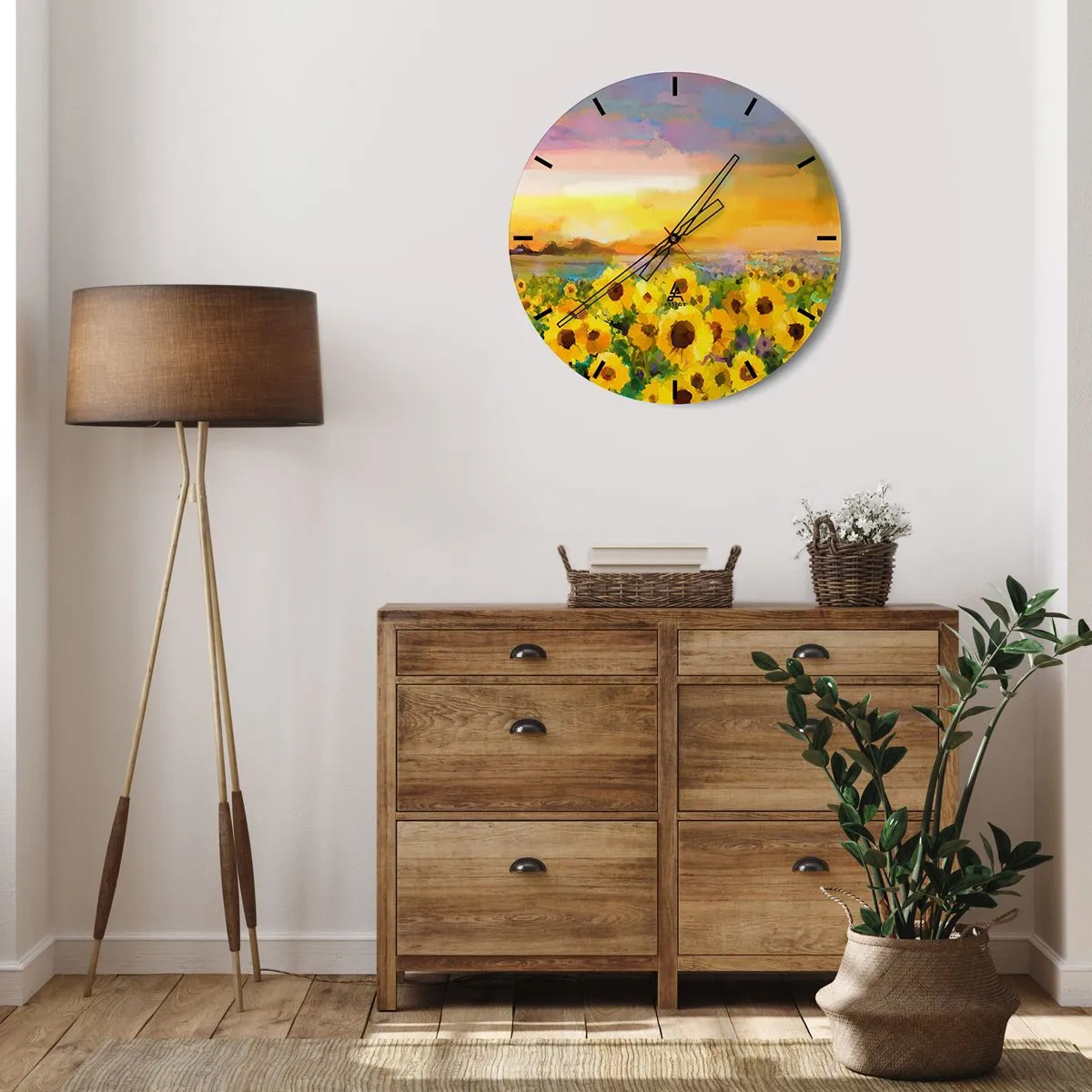 Wall clock - Clock on glass - A field of sunflowers in the glow of the setting sun - 30x30cm - The Sun Itself Has Come to Earth - Modern wall decoration for the living room, kitchen, and bedroom ARTTOR
