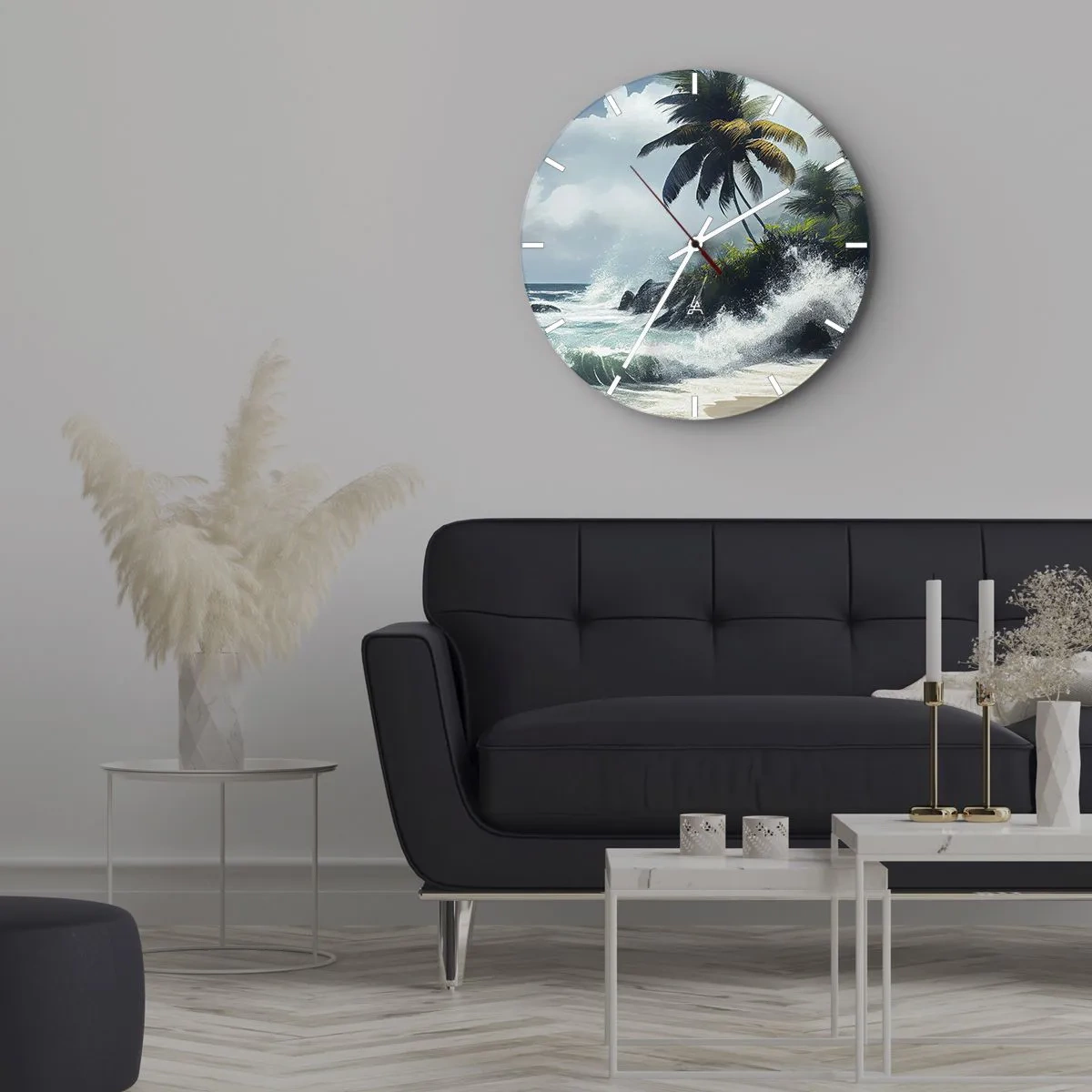 Wall clock - Clock on glass - Tropical beach with palm trees and crashing ocean waves - 30x30cm - On a Tropical Shore - Modern wall decoration for the living room, kitchen, and bedroom ARTTOR
