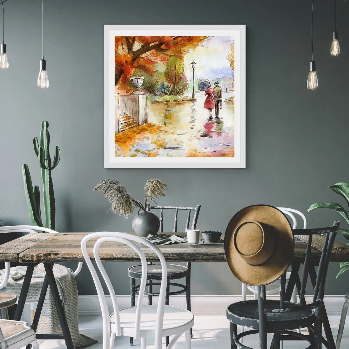 Poster in white frmae - Romantic Autumn in a Park - 60x60 cm