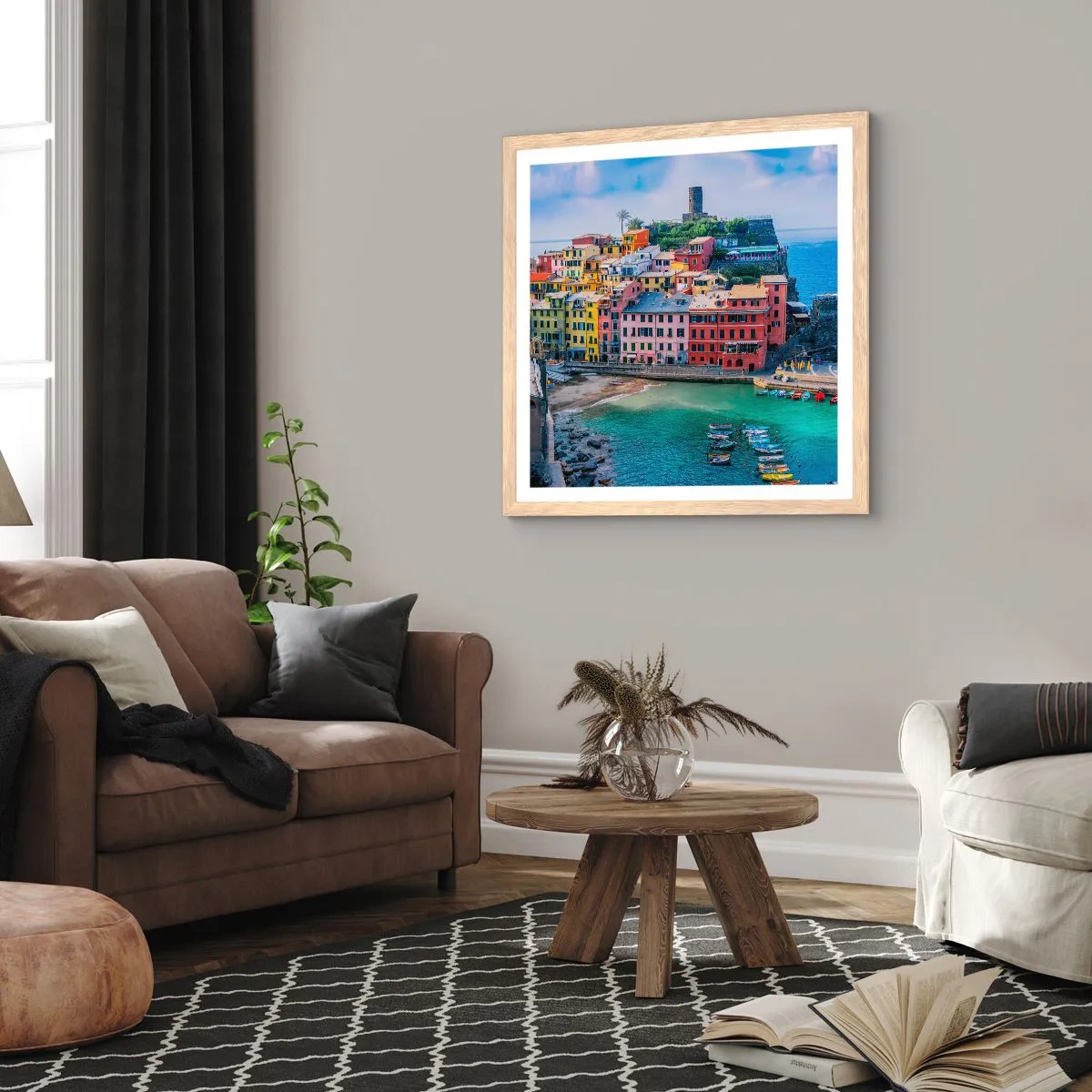 Poster in light oak frame - Magical Mediterranean Town - 40x40 cm