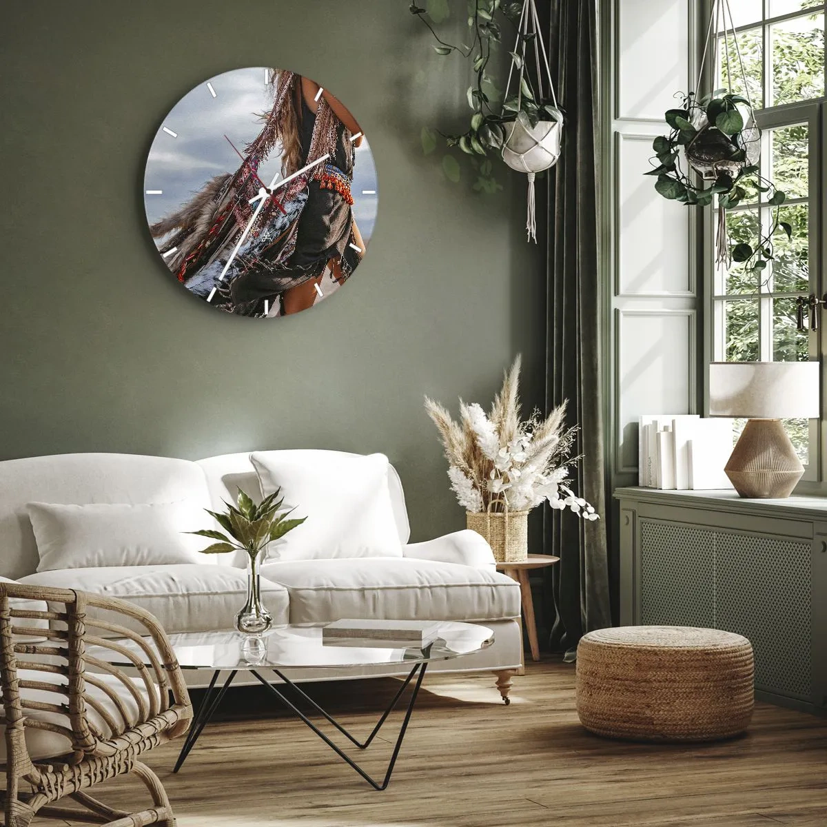 Wall clock - Clock on glass - Boho beach style with fringes and embellishments - 30x30cm - Shaman's Girl - Modern wall decoration for the living room, kitchen, and bedroom ARTTOR